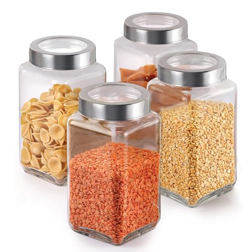 Vency Set of 4(1000ml) Square Glass Jars with Airtight Steel See-Through Lids, Free Pencil & Stickers - Clear Kitchen Storage Containers for Pantry, Masala, Snacks, Dry Fruits, Pickles & Coffee Beans - Image 3
