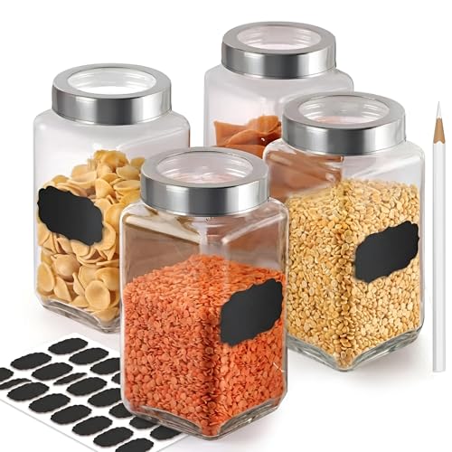 Vency Set of 4(1000ml) Square Glass Jars with Airtight Steel See-Through Lids, Free Pencil & Stickers - Clear Kitchen Storage Containers for Pantry, Masala, Snacks, Dry Fruits, Pickles & Coffee Beans - Image 1