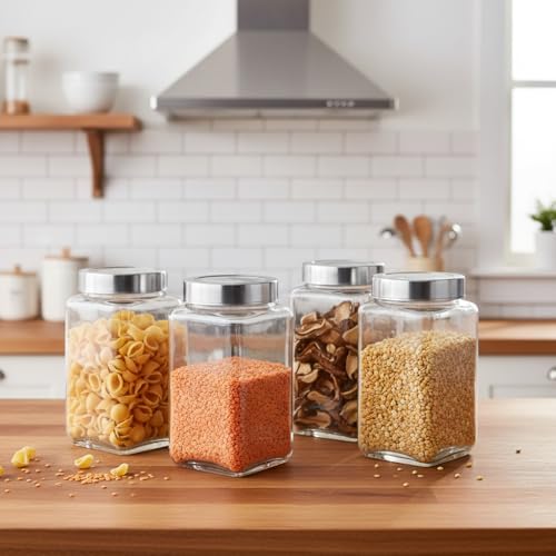 Vency Set of 4(1000ml) Square Glass Jars with Airtight Steel See-Through Lids, Free Pencil & Stickers - Clear Kitchen Storage Containers for Pantry, Masala, Snacks, Dry Fruits, Pickles & Coffee Beans - Image 5