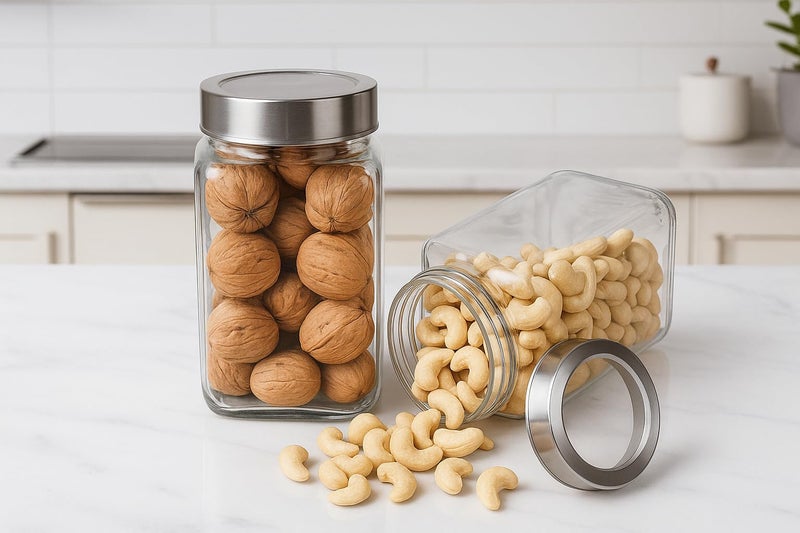Vency Set of 4(1000ml) Square Glass Jars with Airtight Steel See-Through Lids, Free Pencil & Stickers - Clear Kitchen Storage Containers for Pantry, Masala, Snacks, Dry Fruits, Pickles & Coffee Beans - Image 4