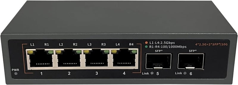 10Gtek 6 Port 25G Unmanaged Switch 4 x 25G BaseT Ports 2 x SFP Ports Support 1010010002500Mbps Adaptation Plug  Play  Ethernet Splitter - Image 1