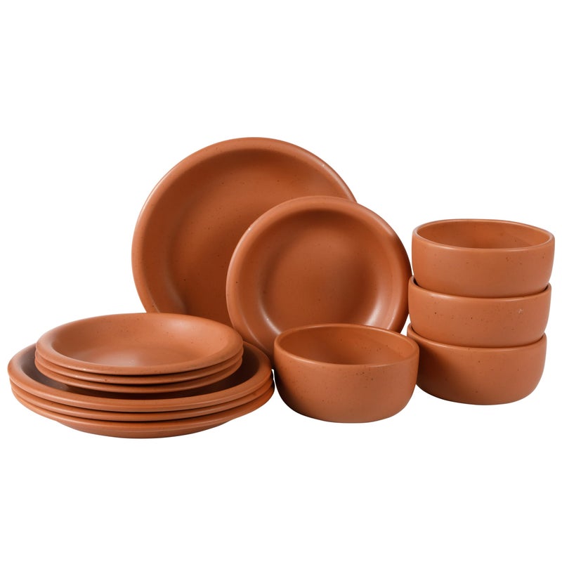 Bloomhouse - Two Time Oprah's Favorite Things Winner - Corsica Clay 12-Piece Stoneware Rustic Reactive Glaze Dinnerware Set - Stackable Plates Bowls Set Service for 4 - Matte Burnt Apricot Terracotta - Image 1