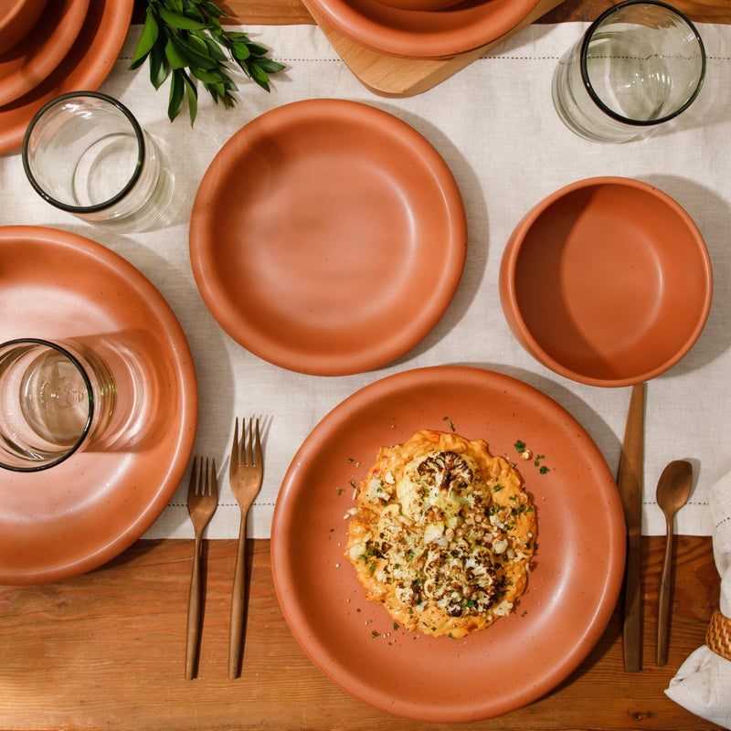 Bloomhouse - Two Time Oprah's Favorite Things Winner - Corsica Clay 12-Piece Stoneware Rustic Reactive Glaze Dinnerware Set - Stackable Plates Bowls Set Service for 4 - Matte Burnt Apricot Terracotta - Image 3