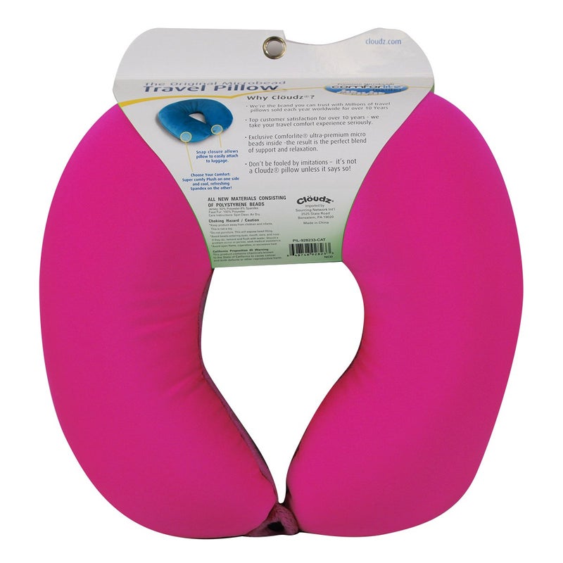 Cloudz Dual Comfort Microbead Airplane Travel Neck Pillow. Soft Cozy Plush Fabric on One Side, Cool Relaxing Spandex on The Other! Customize Your Comfort and Support at Home or On The Go! Bright Pink - Image 2