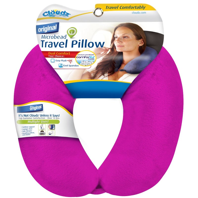 Cloudz Dual Comfort Microbead Airplane Travel Neck Pillow. Soft Cozy Plush Fabric on One Side, Cool Relaxing Spandex on The Other! Customize Your Comfort and Support at Home or On The Go! Bright Pink - Image 1