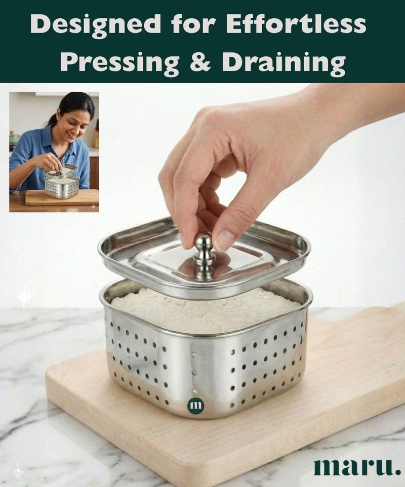 MARU Steel Paneer Maker Box 600ml, Square Shape Paneer Press with Lid, Tofu Press Mould, Whey Separator Channi, Healthy Homemade Paneer/Tofu/Sprouts Maker, Durable & Easy to Clean (12x12x5.5 cms) - Image 5