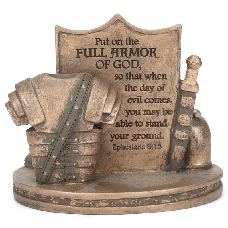 Dicksons Bronzetone Full Armor Scripture 3 x 4 Resin Decorative Tabletop Card Holder - Image 1