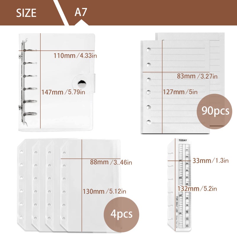 DY.2ten Refillable A7 Notebook Set with Cover - 6 Hole Loose Leaf PVC Binder Cover + 90 sheets (180 Pages) of Lined Paper + 4pcs A7 Zipper Binder Pockets + Ruler,for 6 Ring Binder Journal Notebook - Image 2