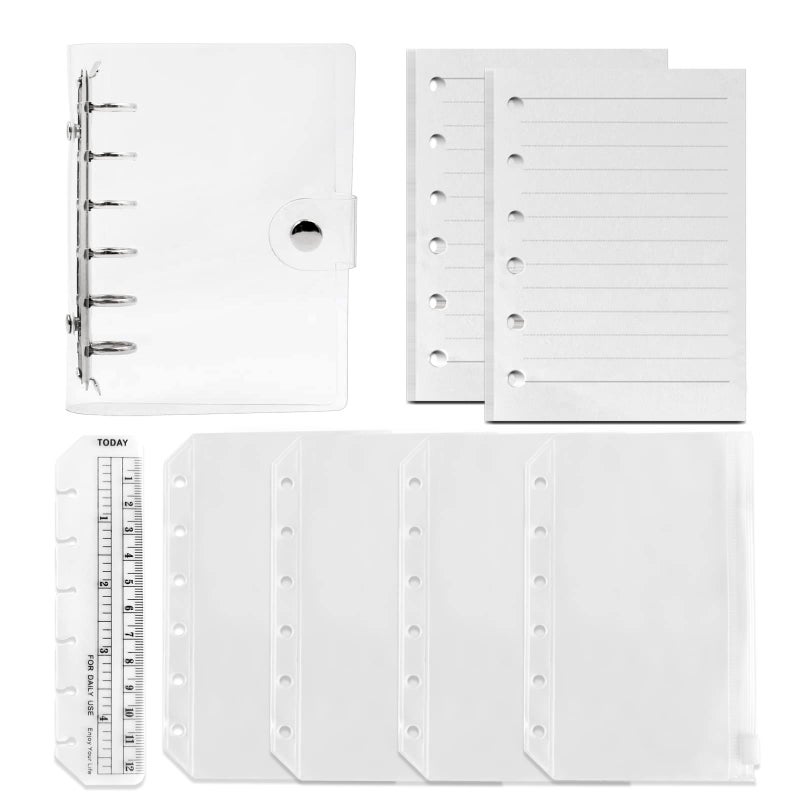 DY.2ten Refillable A7 Notebook Set with Cover - 6 Hole Loose Leaf PVC Binder Cover + 90 sheets (180 Pages) of Lined Paper + 4pcs A7 Zipper Binder Pockets + Ruler,for 6 Ring Binder Journal Notebook - Image 1