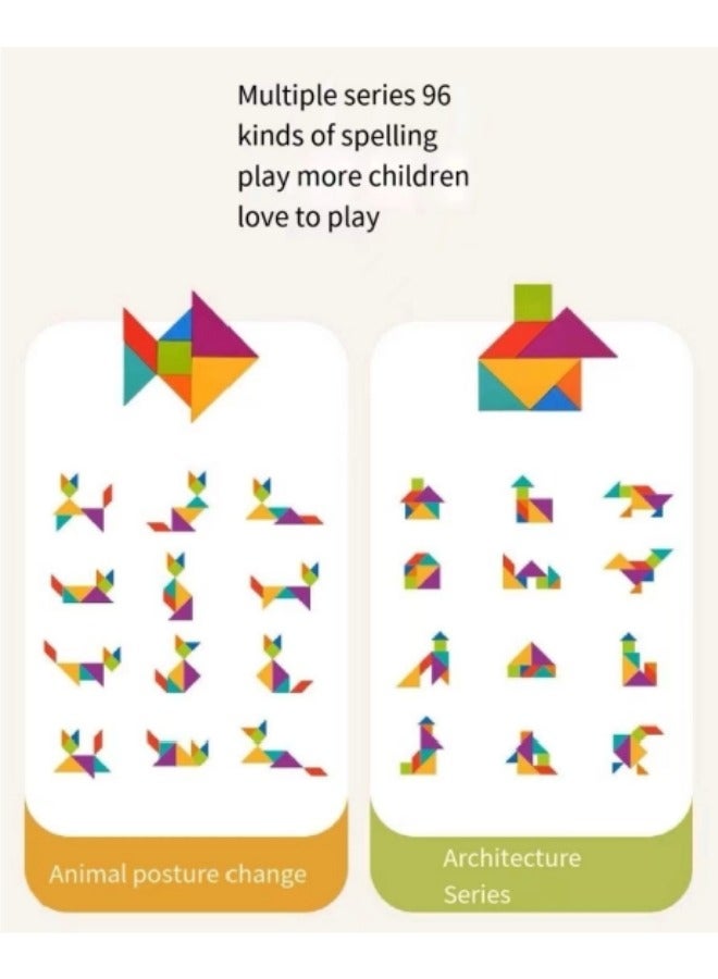 Early Development Tangram Pattern Puzzles Set，Wooden Puzzle Blocks Colorful Tangram Sorting, Tangram Puzzles For Kids