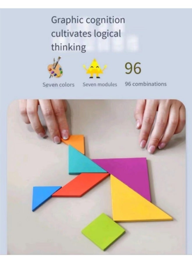 Early Development Tangram Pattern Puzzles Set，Wooden Puzzle Blocks Colorful Tangram Sorting, Tangram Puzzles For Kids