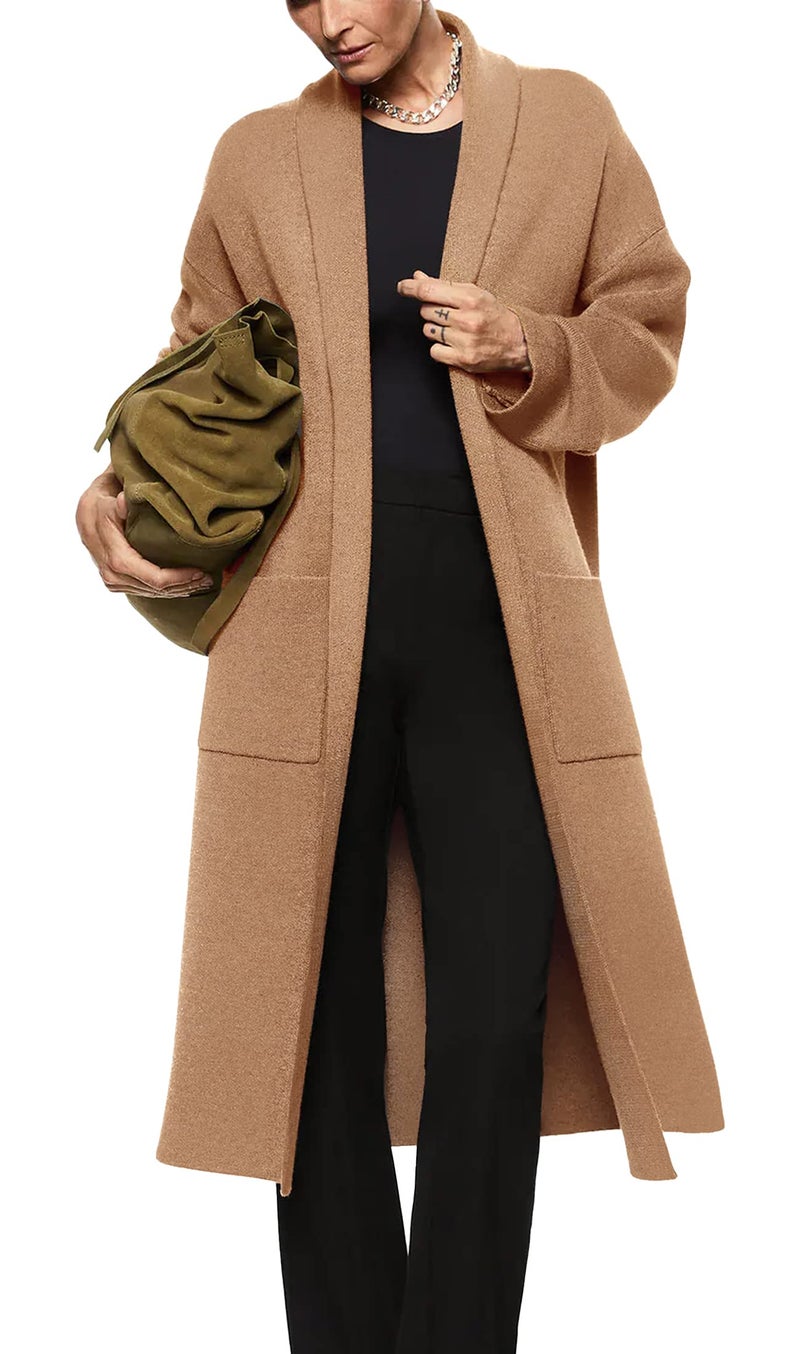 Fazortev Womens Long Sleeve Maxi Cardigan Open Front Oversized Knitted Sweater Coat Casual Lapel Warm Overcoat with Pocket Camel - Image 1