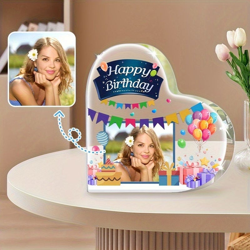 1pc Acrylic Personalized Photo Heart Shaped Commemorative Plate Happy Birthday Desktop Decoration Perfect Gift For Friends Family Home Living Room Bedroom Or Party Decor Non Food Contact - Image 2