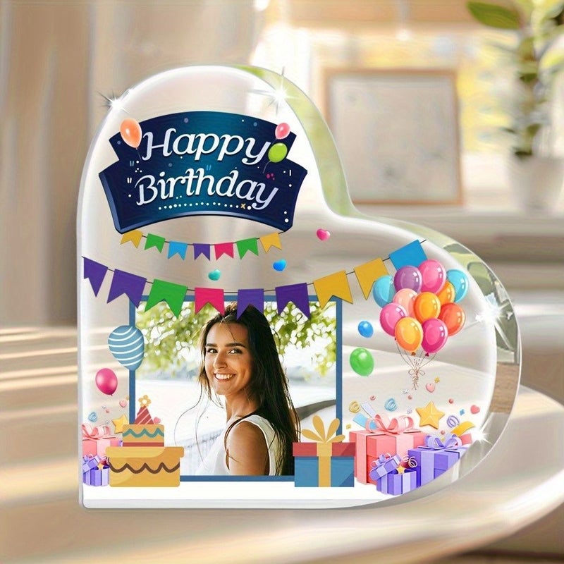 1pc Acrylic Personalized Photo Heart Shaped Commemorative Plate Happy Birthday Desktop Decoration Perfect Gift For Friends Family Home Living Room Bedroom Or Party Decor Non Food Contact - Image 1