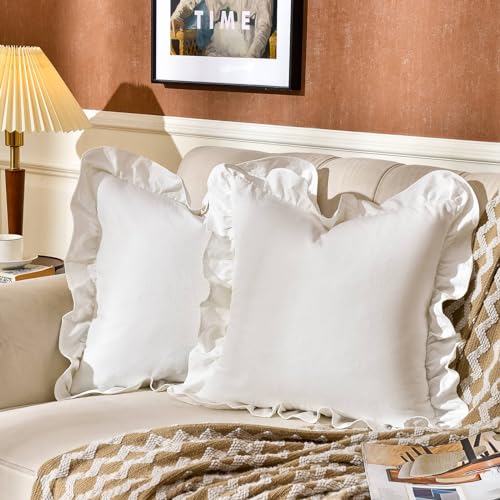 AmHoo Pack of 2 Throw Pillow Covers 100 Cotton Pre Washed Ruffle Decorative Pillowcase Cushion for Couch Sofa Bedroom 24 x 24Inch Cream White - Image 1