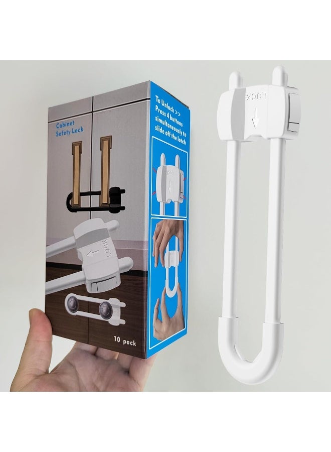 LRANFOW 10 Pack Cabinet Locks, Adjustable U-Shaped Childproof Latch with Extra Secure Buttons for Drawers Fridge Closet - Image 2