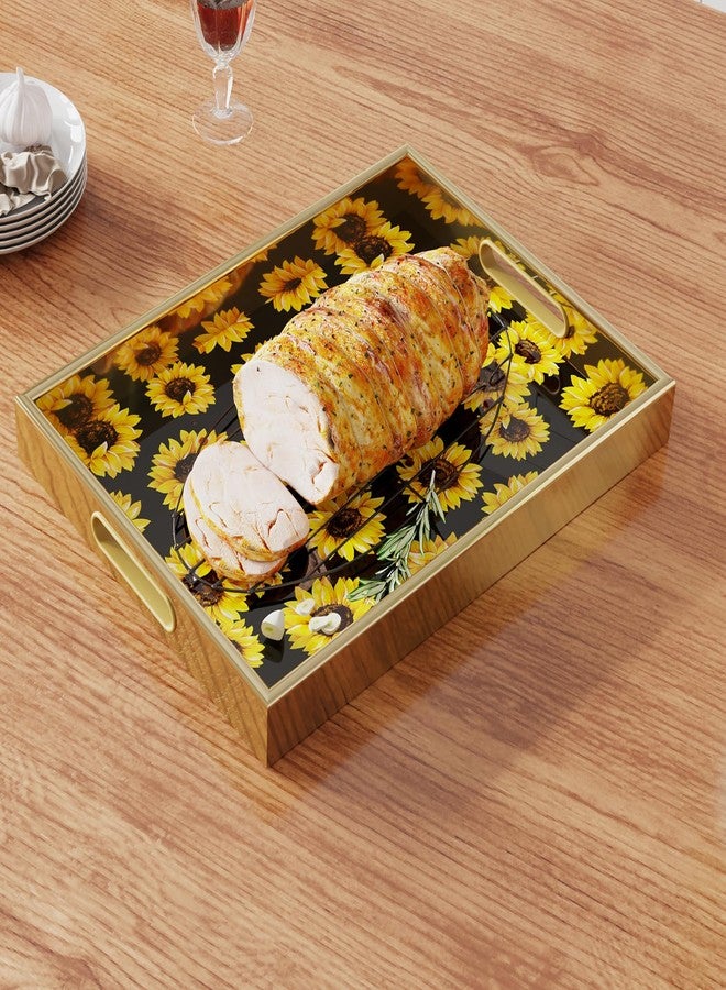 KEQAM Sunflower Gold Decorative Tray Set of 2, Plastic Serving Tray with Handles, Rectangular Coffee Table Tray, Nesting Trays for Living Room, Bathroom, Ottoman - Image 4