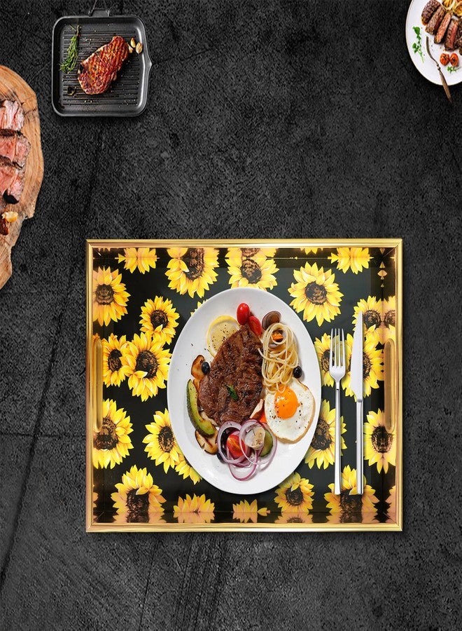 KEQAM Sunflower Gold Decorative Tray Set of 2, Plastic Serving Tray with Handles, Rectangular Coffee Table Tray, Nesting Trays for Living Room, Bathroom, Ottoman - Image 5