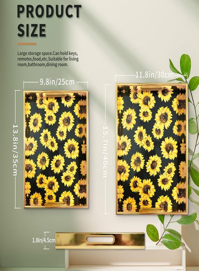 KEQAM Sunflower Gold Decorative Tray Set of 2, Plastic Serving Tray with Handles, Rectangular Coffee Table Tray, Nesting Trays for Living Room, Bathroom, Ottoman - Image 2