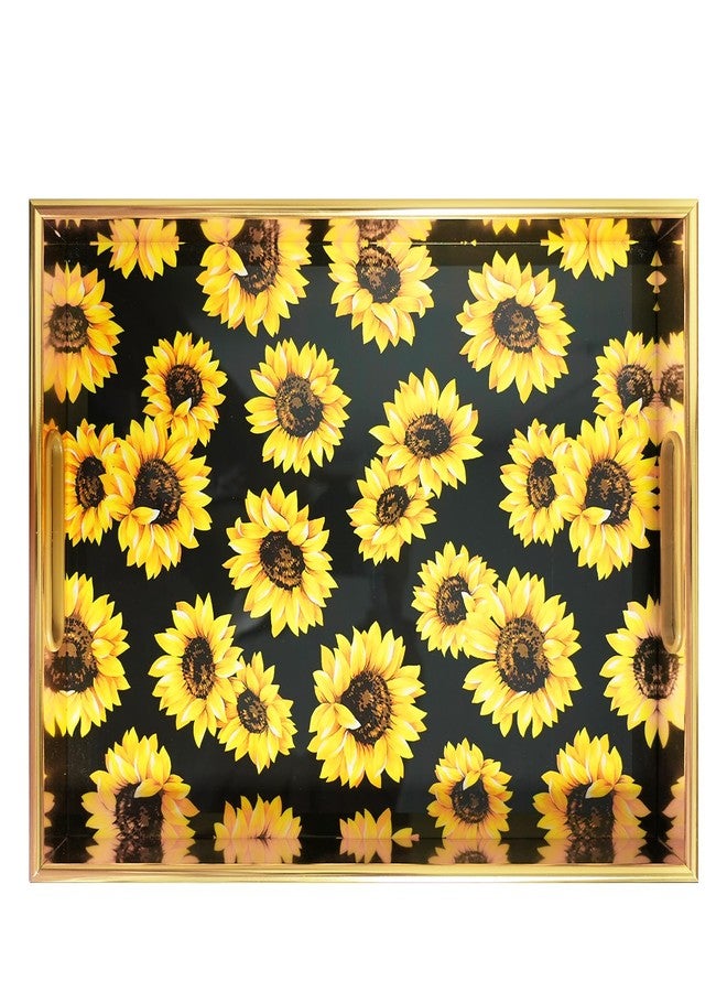 KEQAM Sunflower Gold Decorative Tray Set of 2, Plastic Serving Tray with Handles, Rectangular Coffee Table Tray, Nesting Trays for Living Room, Bathroom, Ottoman - Image 1