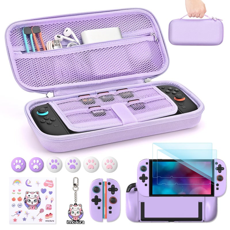 innoAura Switch 2 Case 14-in-1 Bundle for NS Switch 2 (2025), with Carrying Case, Protective Cover, Thumb Grips, Screen Protector, Cute Pendant and Sticker, Purple - Image 1