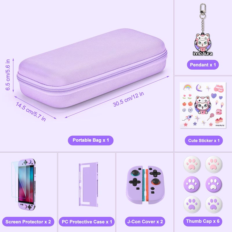 innoAura Switch 2 Case 14-in-1 Bundle for NS Switch 2 (2025), with Carrying Case, Protective Cover, Thumb Grips, Screen Protector, Cute Pendant and Sticker, Purple - Image 2