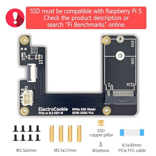 ElectroCookie PCIe to M.2 NVMe SSD HAT Board for Raspberry Pi 5 – Supports Key-M 2230 & 2242 SSD Sizes (ECR5_SSDS) - Image 2