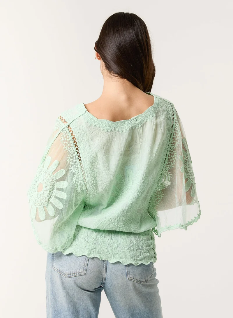 Blue Vanilla Sun Flower Lace Sleeve Blouse
