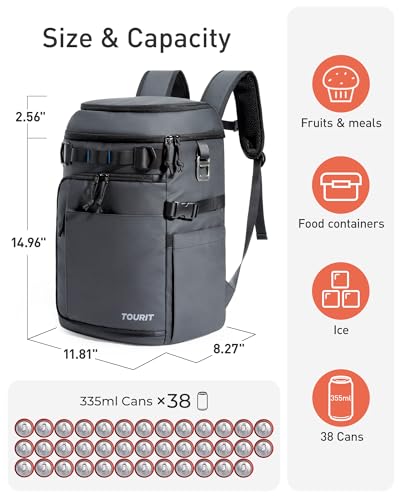 TOURIT 38 Cans Backpack Cooler Leak Proof Waterproof 2 Insulated Compartments Soft Cooler Bag Beach Travel Camping Picnic Black - Image 3