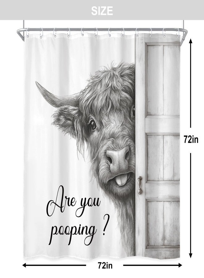 Newsely Funny Highland Cow Shower Curtain 72Wx72L Inch Black and White Rustic Farmhouse Wooden Cute Bathroom Set Humorous are You Pooping Waterproof Bath Decoration Accessories Home Decor - Image 4