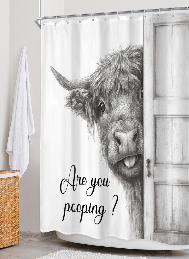 Newsely Funny Highland Cow Shower Curtain 72Wx72L Inch Black and White Rustic Farmhouse Wooden Cute Bathroom Set Humorous are You Pooping Waterproof Bath Decoration Accessories Home Decor - Image 2