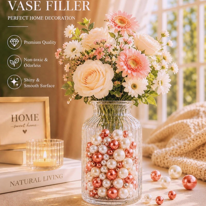 UDU 200 Pcs Vase Filler Pearl Beads No Hole Faux Polish Pearls for Centerpieces Vases Beads for Floating Candles Home Birthday Wedding Party Table Decor (Rosegold) - Image 2