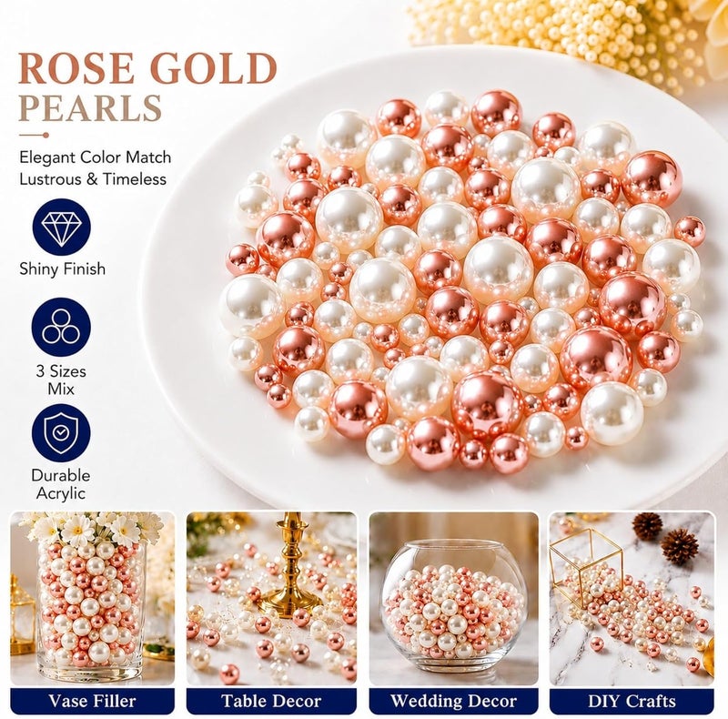 UDU 200 Pcs Vase Filler Pearl Beads No Hole Faux Polish Pearls for Centerpieces Vases Beads for Floating Candles Home Birthday Wedding Party Table Decor (Rosegold) - Image 4