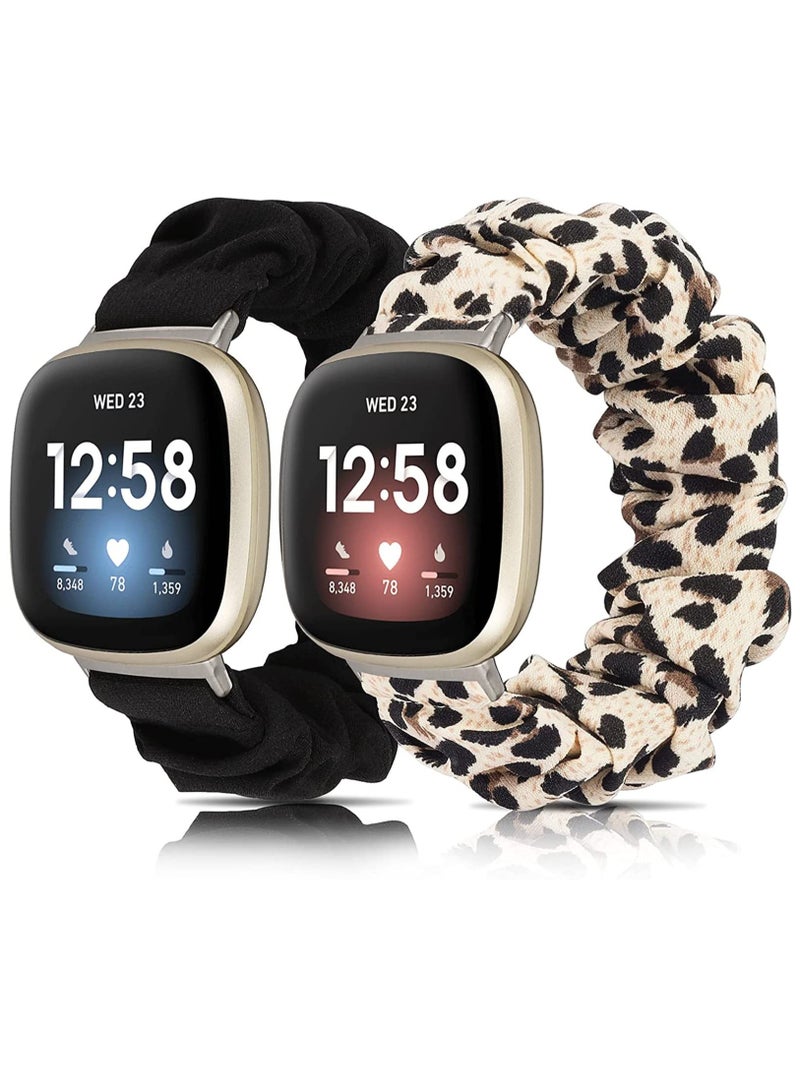 SYOSI Scrunchie Watch Band Compatible with Fitbit Versa 3 /Fitbit Sense Band for Women Girls, Soft Pattern Printed Fabric Replacement Wristbands Elastic Breathable Stretchy Straps, Black+Leopard - Image 1