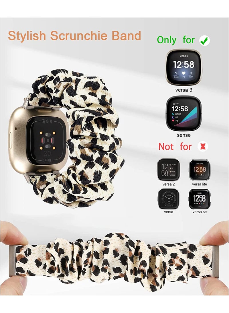 SYOSI Scrunchie Watch Band Compatible with Fitbit Versa 3 /Fitbit Sense Band for Women Girls, Soft Pattern Printed Fabric Replacement Wristbands Elastic Breathable Stretchy Straps, Black+Leopard - Image 2