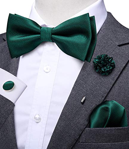 Dubulle Solid Green Bowtie for Men Paisley Floral Mens Pretied Bowtie and Lapel Pin Set Pocket Square Cufflinks Wedding - Image 3