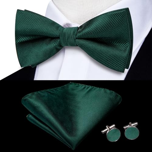 Dubulle Solid Green Bowtie for Men Paisley Floral Mens Pretied Bowtie and Lapel Pin Set Pocket Square Cufflinks Wedding - Image 2