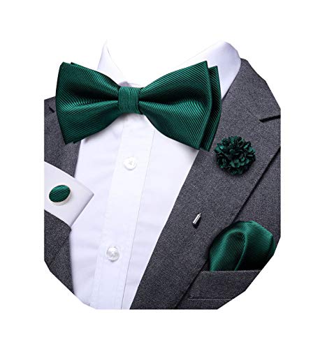 Dubulle Solid Green Bowtie for Men Paisley Floral Mens Pretied Bowtie and Lapel Pin Set Pocket Square Cufflinks Wedding - Image 1