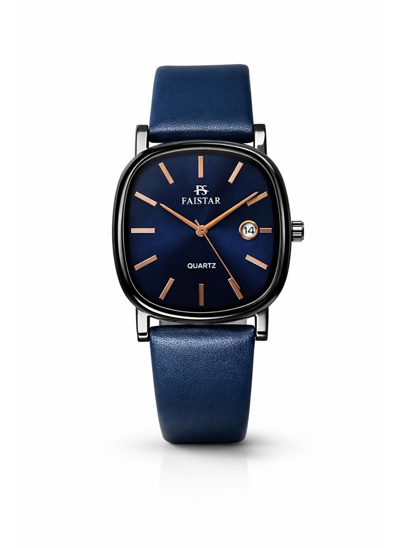 FAISTAR Azure Classic Men’s Quartz Watch Blue Dial Blue Leather Strap Stainless Steel Case Date Display Analog Wrist Watch FT430G - Image 1