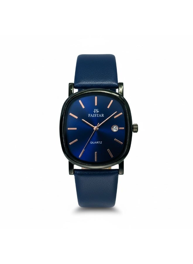 FAISTAR Azure Classic Men’s Quartz Watch Blue Dial Blue Leather Strap Stainless Steel Case Date Display Analog Wrist Watch FT430G - Image 2