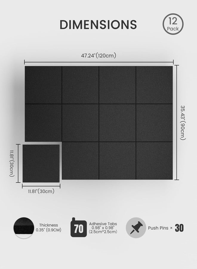 Bumusty Large Cork Board 48" x 36" Alternative - 12 Pack Felt Wall Tiles with 70 Safe Removable Adhesive Tabs, 30 Pushpins, Cork Boards for Walls Pin Board Bulletin Board Office Decor (Black) - Image 2