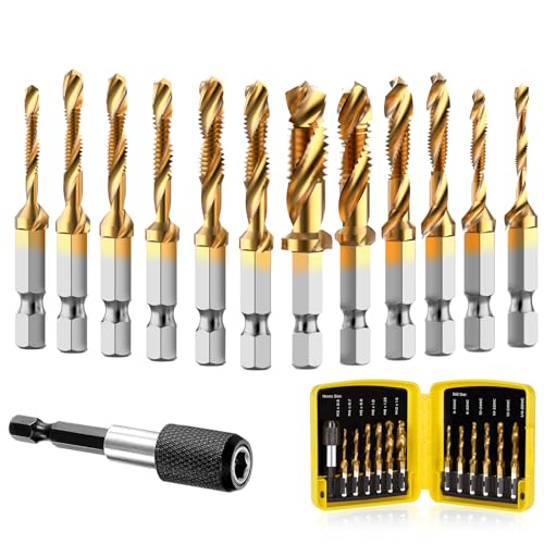THINKWORK Combination Drill Tap & Tap Bit Set, 3-in-1 Titanium Coated Screw Tapping Bit Tool for Drilling, Tapping, Countersinking, with Quick-Change Adapter, 13 PCS SAE/Metric - Image 1