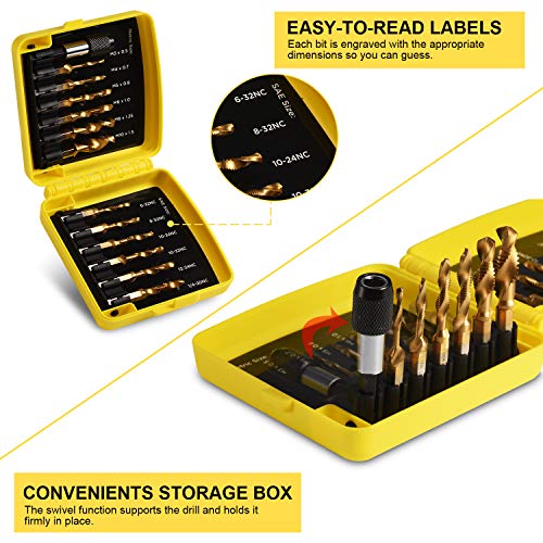 THINKWORK Combination Drill Tap & Tap Bit Set, 3-in-1 Titanium Coated Screw Tapping Bit Tool for Drilling, Tapping, Countersinking, with Quick-Change Adapter, 13 PCS SAE/Metric - Image 4