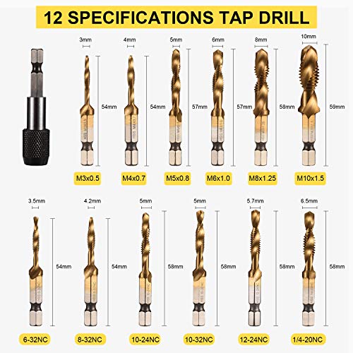 THINKWORK Combination Drill Tap & Tap Bit Set, 3-in-1 Titanium Coated Screw Tapping Bit Tool for Drilling, Tapping, Countersinking, with Quick-Change Adapter, 13 PCS SAE/Metric - Image 3
