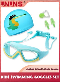 UNUNS Kids Swim Goggles,Wide View Swimming Set With Swimming Cap For Boys Girls 3-14,Anti Fog 100% Uv Protection Goggles With Nose Cover,Connect Ear Plugs,No Leaking Goggles,Green Crocodile  - Image 1