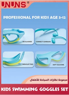 UNUNS Kids Swim Goggles,Wide View Swimming Set With Swimming Cap For Boys Girls 3-14,Anti Fog 100% Uv Protection Goggles With Nose Cover,Connect Ear Plugs,No Leaking Goggles,Green Crocodile  - Image 2