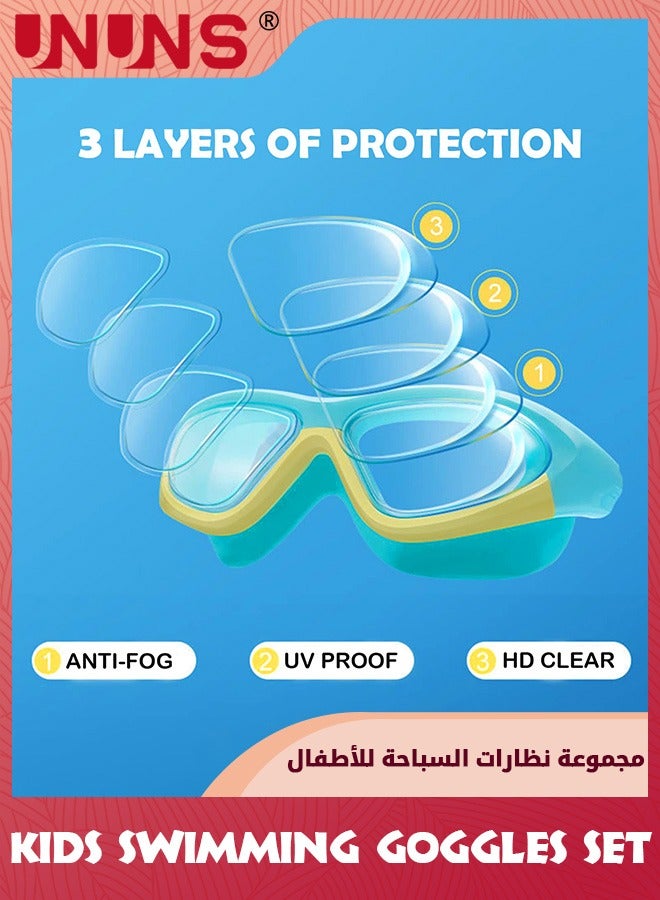 UNUNS نظارات سباحة للأطفال، مجموعة سباحة ذات رؤية واسعة مع قبعة سباحة للأولاد والبنات من سن 3 إلى 14 عامًا، نظارات واقية مضادة للضباب بنسبة 100% من الأشعة فوق البنفسجية مع غطاء للأنف، سدادات أذن متصلة، نظارات واقية ضد التسرب، تمساح أخضر - Image 3