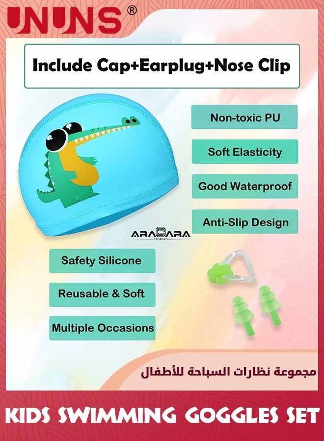 UNUNS نظارات سباحة للأطفال، مجموعة سباحة ذات رؤية واسعة مع قبعة سباحة للأولاد والبنات من سن 3 إلى 14 عامًا، نظارات واقية مضادة للضباب بنسبة 100% من الأشعة فوق البنفسجية مع غطاء للأنف، سدادات أذن متصلة، نظارات واقية ضد التسرب، تمساح أخضر - Image 4