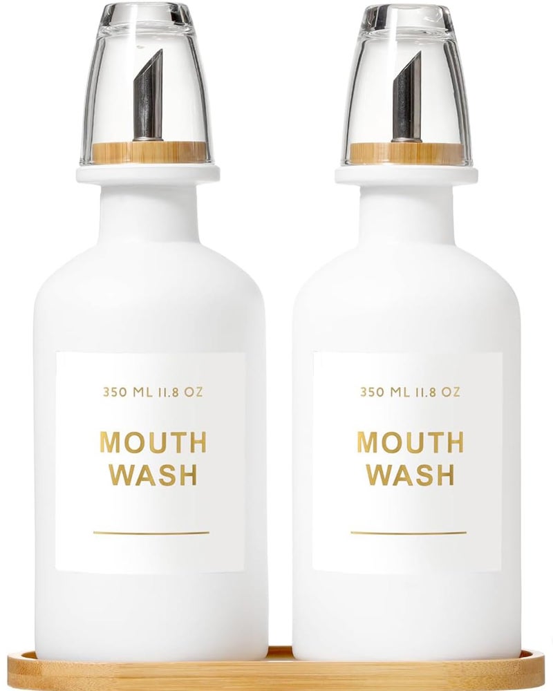 Bonlong 11.8Oz Mouthwash Dispenser For Bathroom With Bamboo & Stainless Steel Pour Spout  Mouthwash Cups Reusable  Bamboo Tray  And Elegant Gold Label. Set Of 2(White - Image 1