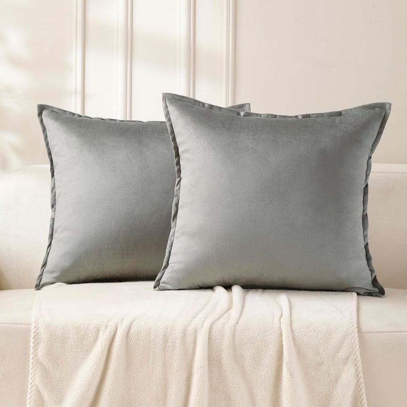 VAKADO Throw Pillow Covers 16x16 Set of 2 Grey Velvet Decor Decorative Couch Cushion Autumn Fall Euro Pillowcases with Fringe Home Bed Decoration for Sofa Bedroom Office - Image 1